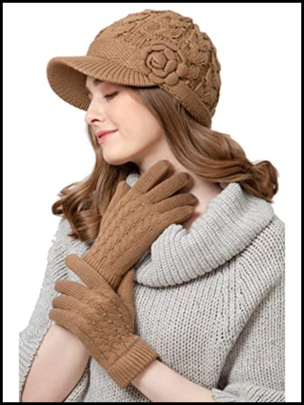 Cable Knit Flower Newsboy Cabbie Cap Fleece Lined Winter Hat